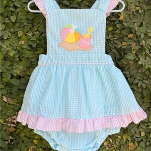 Baby Seersucker Beach Applique Dress Romper - Pastel Blue & Pink